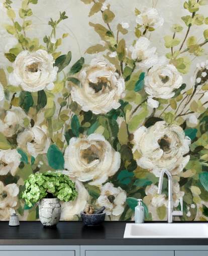 rose bianche e foglie verdi che dipingono carta da parati