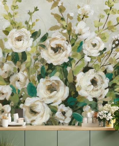 papier peint de peinture de roses et de feuilles vertes