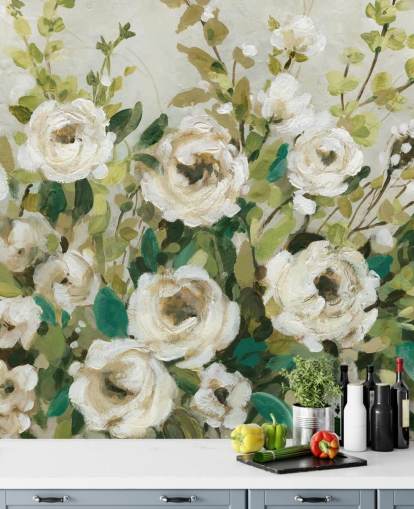 rose bianche e foglie verdi che dipingono carta da parati