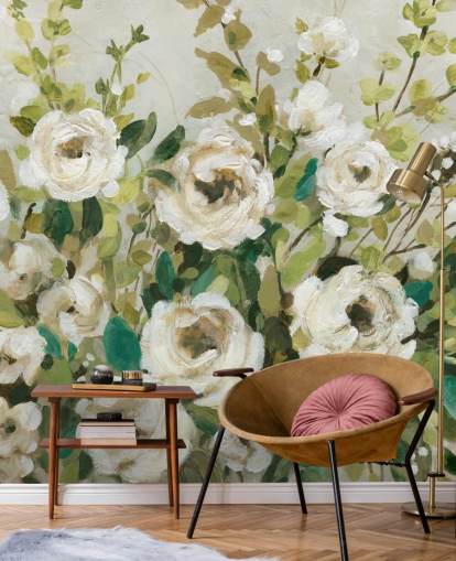 off white roses and green leaves painting wallpaper