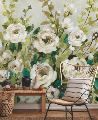 papel pintado de rosas blancas y hojas verdes