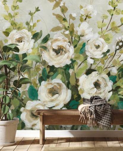 papier peint de peinture de roses et de feuilles vertes