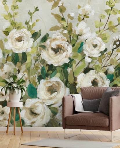 off white roses and green leaves painting wallpaper