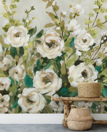 off white roses and green leaves painting wallpaper