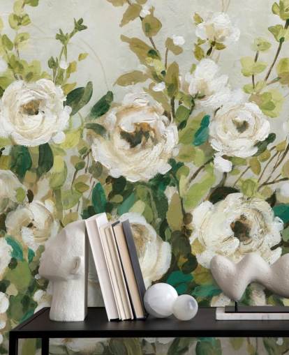 papier peint de peinture de roses et de feuilles vertes
