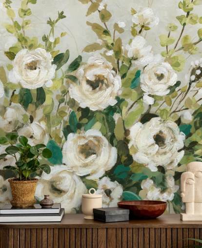 off white roses and green leaves painting wallpaper