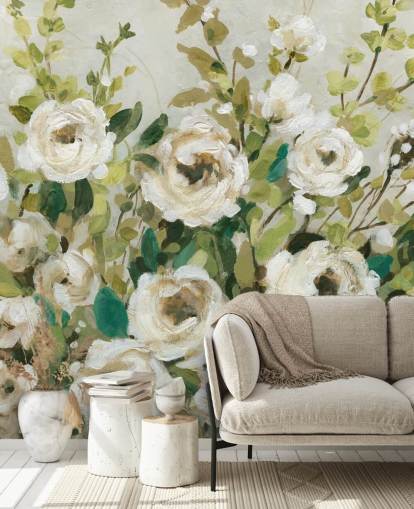 off white roses and green leaves painting wallpaper