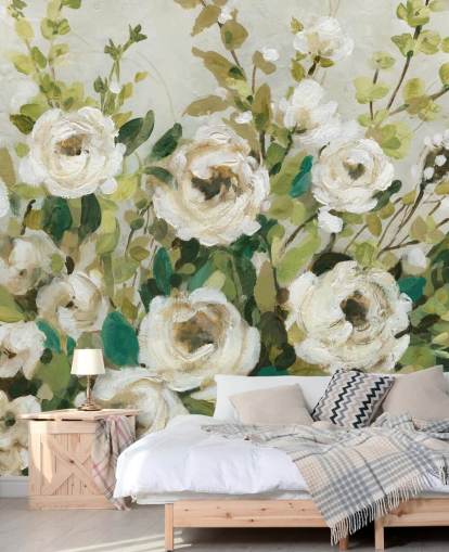 papier peint de peinture de roses et de feuilles vertes