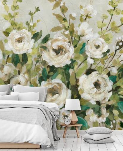 papier peint de peinture de roses et de feuilles vertes