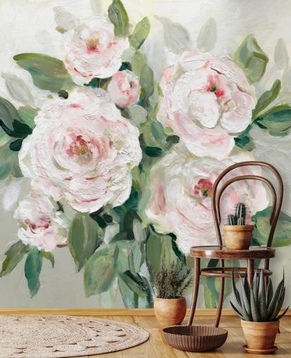 roze en witte bloemen met groen bladbehang roze en witte bloemen met groen bladbehang