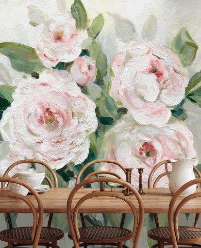 papel pintado de flores rosadas y blancas con hojas verdes