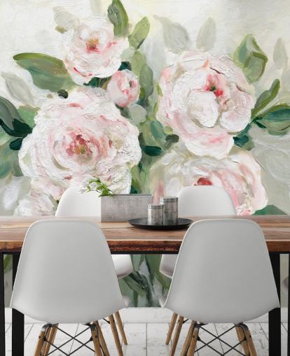 papel pintado de flores rosadas y blancas con hojas verdes