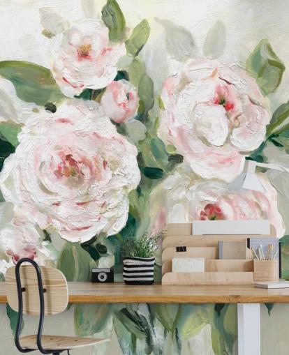 papier peint fleurs roses et blanches avec des feuilles vertes