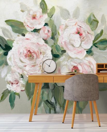 carta da parati fiori rosa e bianchi con foglie verdi