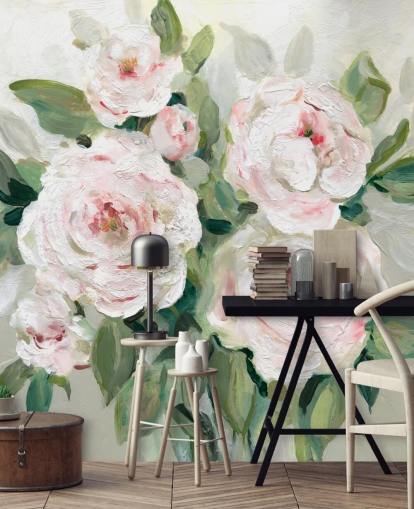 papier peint fleurs roses et blanches avec des feuilles vertes