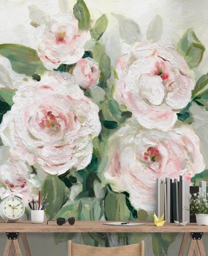 carta da parati fiori rosa e bianchi con foglie verdi