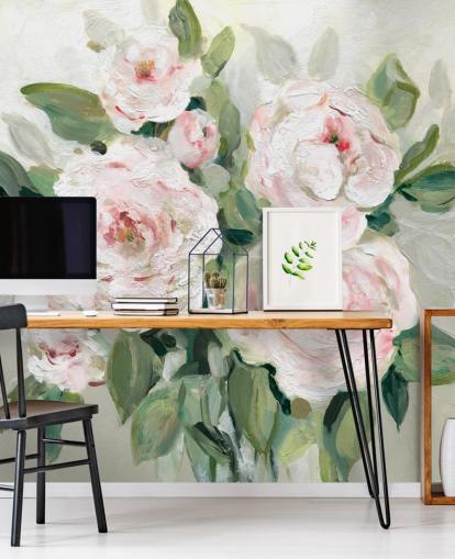 rosa og hvite blomster med grønne blader tapet