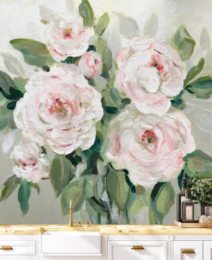 papel pintado de flores rosadas y blancas con hojas verdes