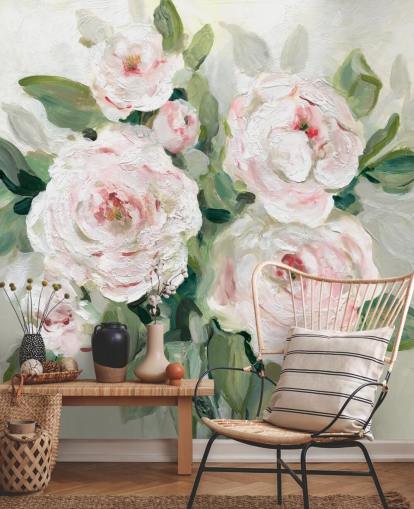 roze en witte bloemen met groen bladbehang