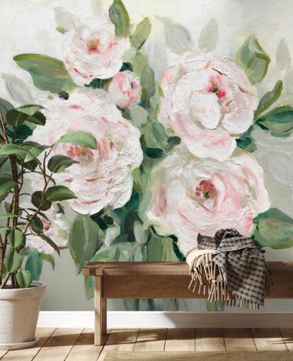 rosa og hvite blomster med grønne blader tapet