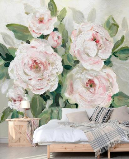 papel pintado de flores rosadas y blancas con hojas verdes