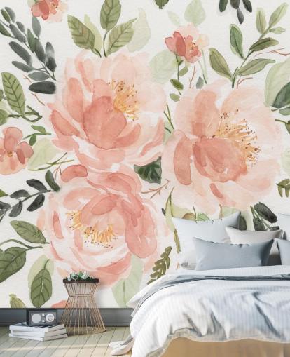 fersken og grøn blomst tapet