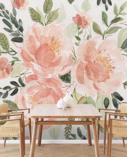 papel pintado melocotón y flor verde papel pintado melocotón y flor verde