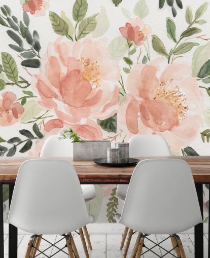 perzik en groene bloemen behang perzik en groene bloemen behang