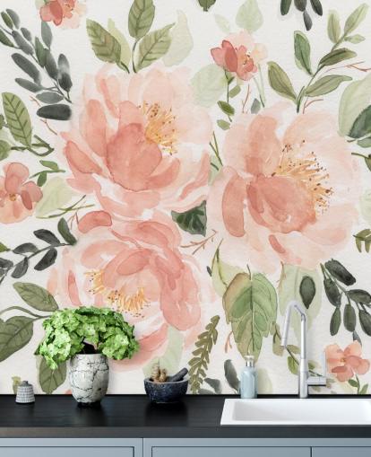 papel pintado melocotón y flor verde