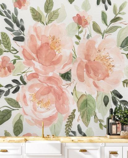 fersken og grøn blomst tapet