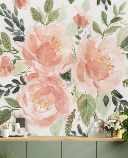 papel de parede flor pêssego e verde