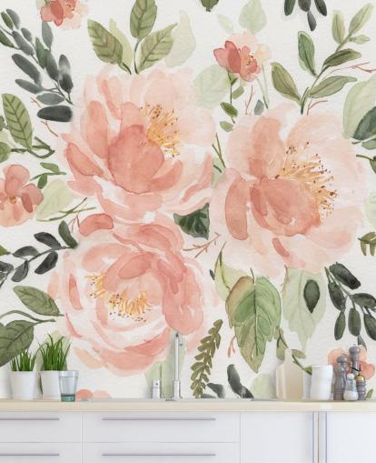 perzik en groene bloemen behang