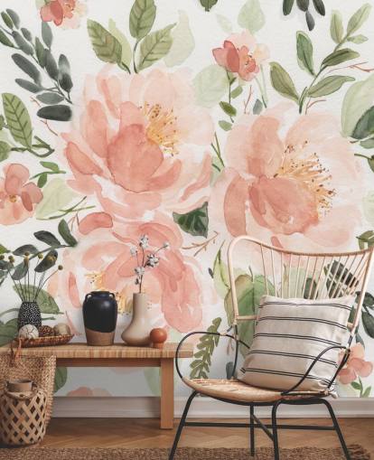 fersken og grøn blomst tapet