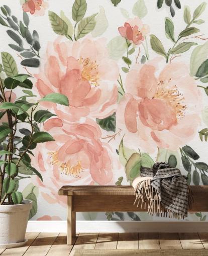 perzik en groene bloemen behang perzik en groene bloemen behang