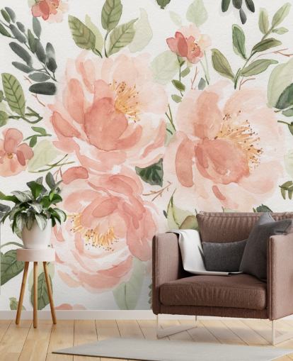 papel pintado melocotón y flor verde