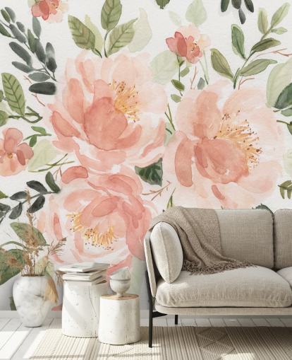 perzik en groene bloemen behang