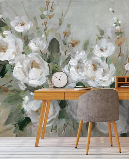 papel de parede floral cinza e branco