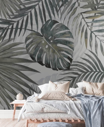 papier peint feuille de palmier gris