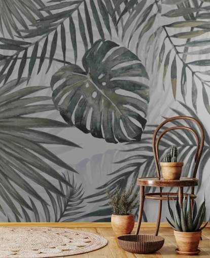 grey toned palm leaf wallpaper
