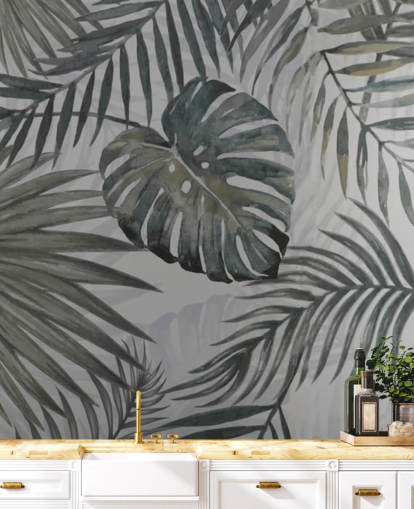 papier peint feuille de palmier gris