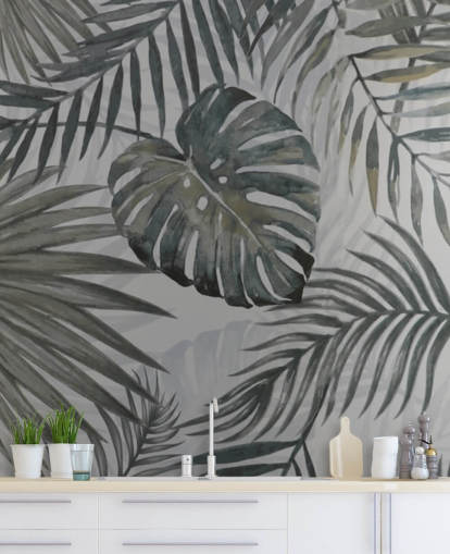 papel pintado de hoja de palma en tonos grises