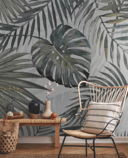 grijs getint palmblad behang