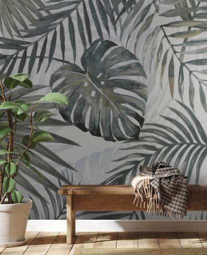 grey toned palm leaf wallpaper