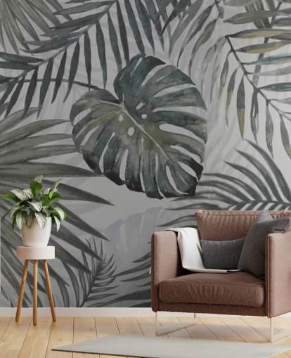 grey toned palm leaf wallpaper