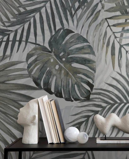 grey toned palm leaf wallpaper