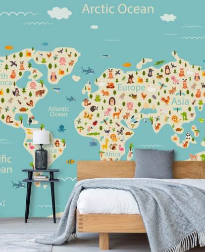 lindos animales en el fondo de pantalla del mapa mundial para niños