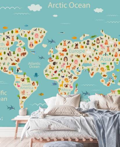 cute animals on kids world map wallpaper