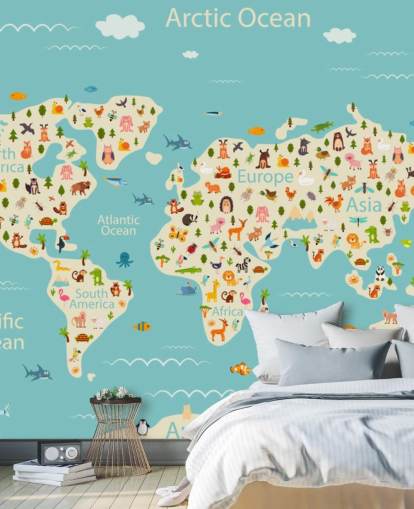 lindos animales en el fondo de pantalla del mapa mundial para niños