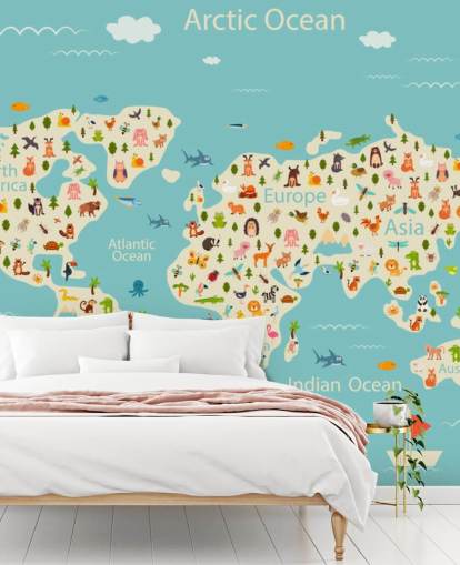 cute animals on kids world map wallpaper