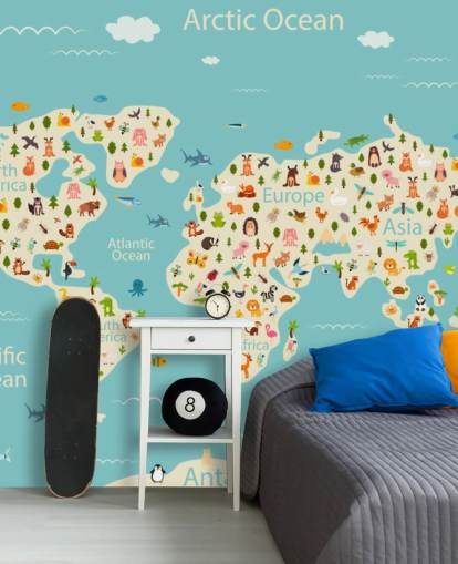simpatici animali sulla carta da parati della mappa del mondo per bambini